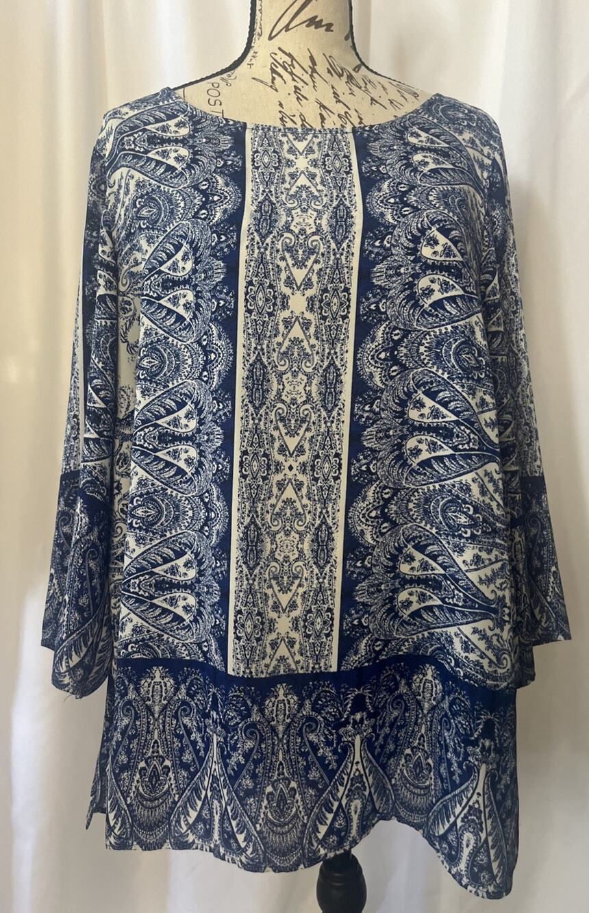 Rose & Olive Womens Boho Paisley Top 2X Blue White 3/4 Sleeve Hippie Lightweight